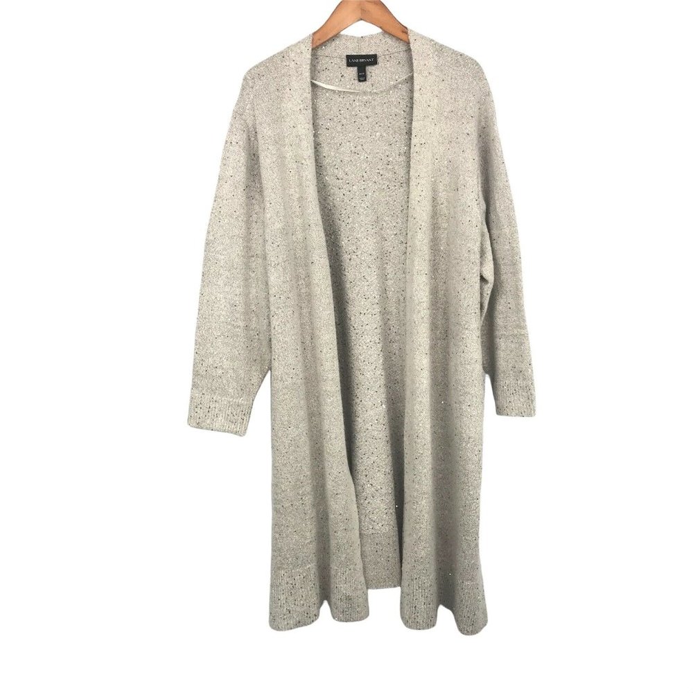Lane Bryant Taupe Sequin Shimmer Open Front Cardigan Duster Sweater Sz 26/28